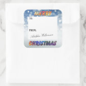 Sneeuw en vrolijk kerstcadeau-label vierkante sticker (Tas)