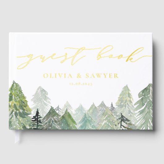 Sneeuw Evergreen Forest Script Winter Wedding Gastenboek (Voorkant)