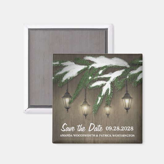 Sneeuw Evergreen Lantern Bruiloft Save the Date Magneet (Voorkant / Achterkant)