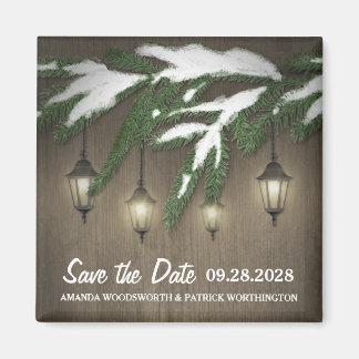 Sneeuw Evergreen Lantern Bruiloft Save the Date Magneet