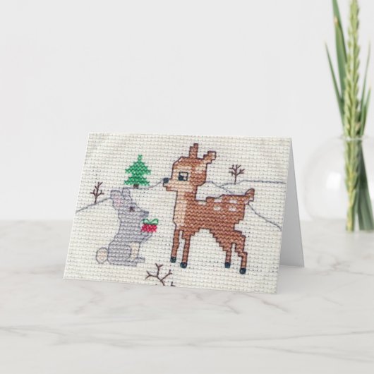 Sneeuw Fawn en Bunny Cross Stitch Feestdagen Kaart (Voorkant)