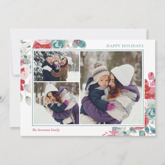 Sneeuw feestdagen groen rood bloemen 3 foto's feestdagenkaart (Voorkant)
