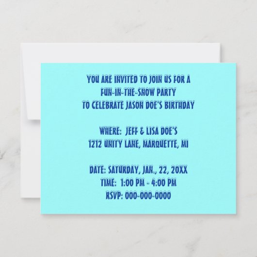 SNEEUW FUN WINTER BIRTHDAY PARTY INVITATION SLEDDI KAART (Achterkant)