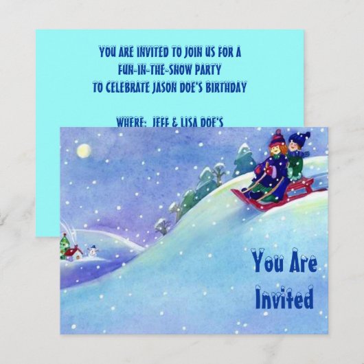SNEEUW FUN WINTER BIRTHDAY PARTY INVITATION SLEDDI KAART (Voorkant / Achterkant)