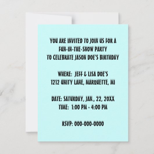 SNEEUW FUN WINTER BIRTHDAY PARTY INVITATION SNOWMA KAART (Achterkant)