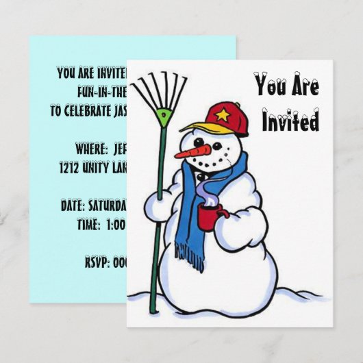 SNEEUW FUN WINTER BIRTHDAY PARTY INVITATION SNOWMA KAART (Voorkant / Achterkant)