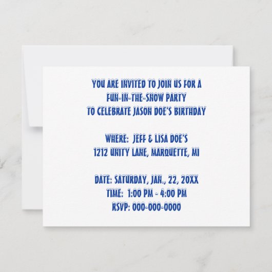 SNEEUW FUN WINTER BIRTHDAY PARTY INVITATION SNOWMA KAART (Achterkant)