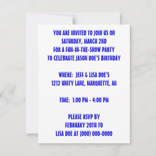 SNEEUW FUN WINTER BIRTHDAY PARTY INVITATION SNOWMA KAART (Achterkant)