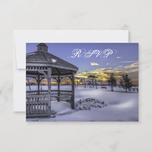Sneeuw Gazebo Tree Sunset Winter Wedding RSVP Kaar (Achterkant)