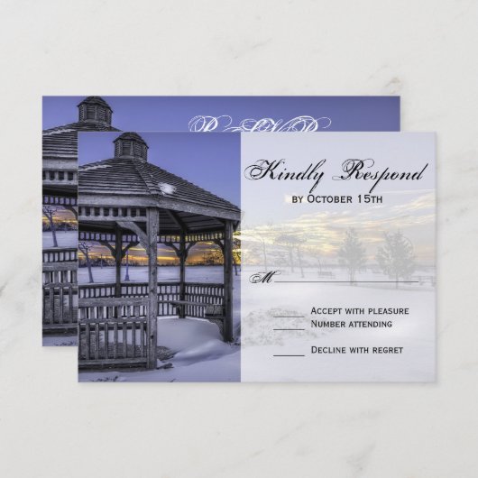 Sneeuw Gazebo Tree Sunset Winter Wedding RSVP Kaar (Voorkant / Achterkant)