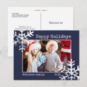 Sneeuw Gelukkige Vakantiefoto Kerst Marine Blauw Feestdagenkaart (Voorkant / Achterkant)