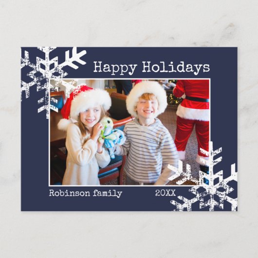Sneeuw Gelukkige Vakantiefoto Kerst Marine Blauw Feestdagenkaart (Voorkant)