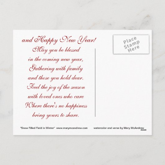 Sneeuw gevuld veld winterlandschap feestdagenkaart (Achterkant)