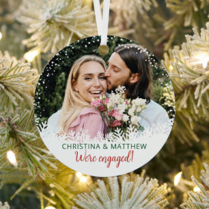 Sneeuw Glitter Pset First Kerstmis Engaged Foto Metalen Ornament