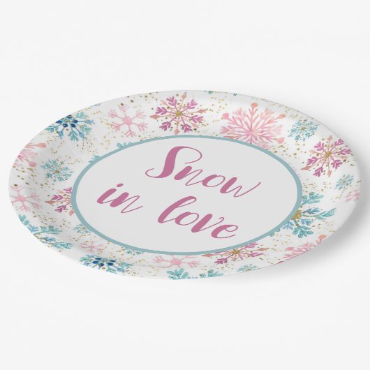 sneeuw in Borden van liefdespapier, sneeuwvlokken Papieren Bordje (Gekanteld)