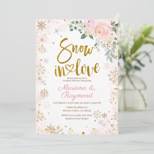 Sneeuw in de liefdesroze snowflake paren kaart (Staand voorkant)