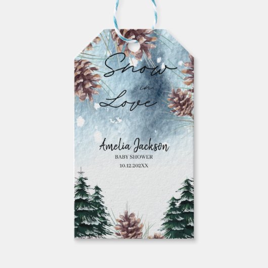 Sneeuw in liefde besneeuwde pijnbomen winter bruid cadeaulabel (Voorkant)