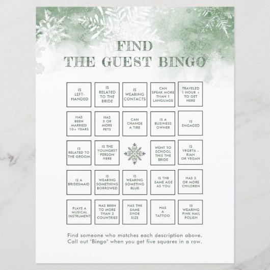 Sneeuw in Liefde Bruids Spel Vind de Gast Bingo (Voorkant)