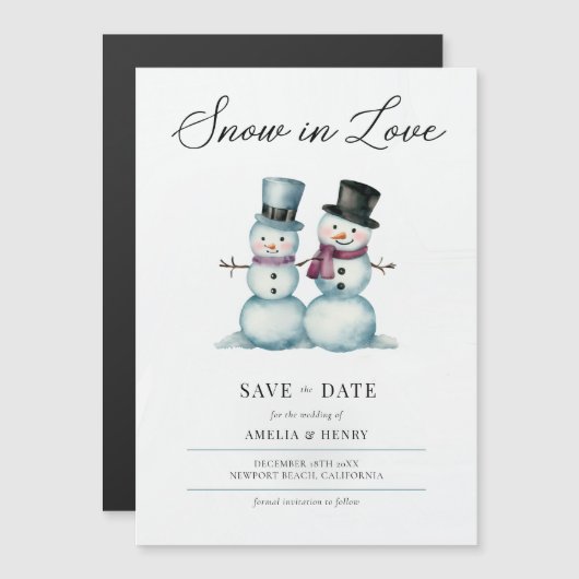 Sneeuw in Liefde Grappige Winter Bruiloft Save the Magnetische Uitnodiging (Voorkant / Achterkant)