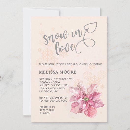Sneeuw in liefde roze sneeuwvlok roze poinsettia kaart (Voorkant)