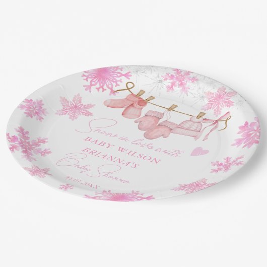 Sneeuw in liefde sneeuwvlokken baby shower monogra papieren bordje (Gekanteld)
