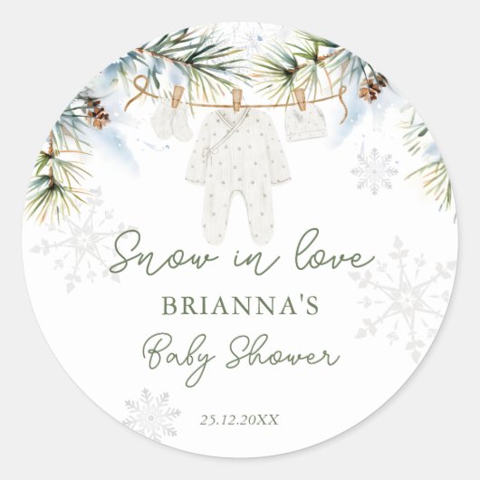 Sneeuw in liefde sneeuwvlokken winter baby shower ronde sticker (Voorkant)