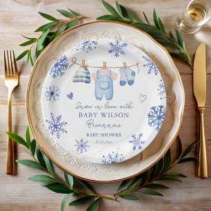 Sneeuw in liefde winter baby shower monogrammed papieren bordje