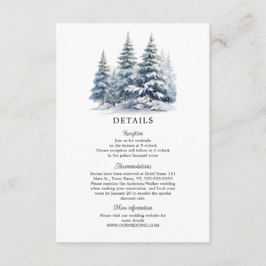 Sneeuw in Liefde winter dennenbos details Informatiekaartje (Voorkant)