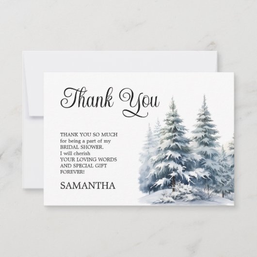 Sneeuw in Liefde winter dennenbos Vrijgezellenfees Bedankkaart (Voorkant)