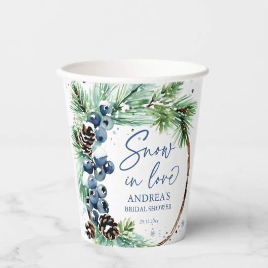 Sneeuw in liefde winter vrijgezellenfeest dennenkr papieren bekers (Voorkant)