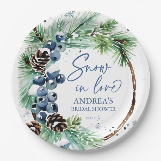 Sneeuw in liefde winter vrijgezellenfeest dennenkr papieren bordje (Voorkant)