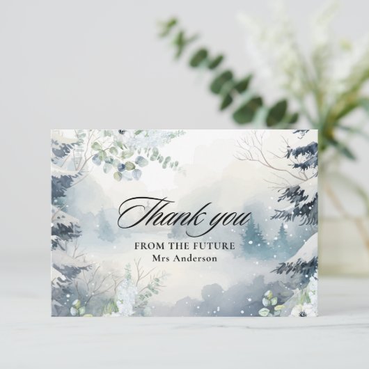 Sneeuw in love stoffig blauwe Winter Bruiloftsborr Bedankkaart (Staand voorkant)