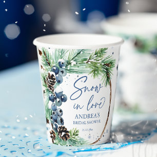 Sneeuw in love winter bruiloftsshower dennenkrans papieren bekers