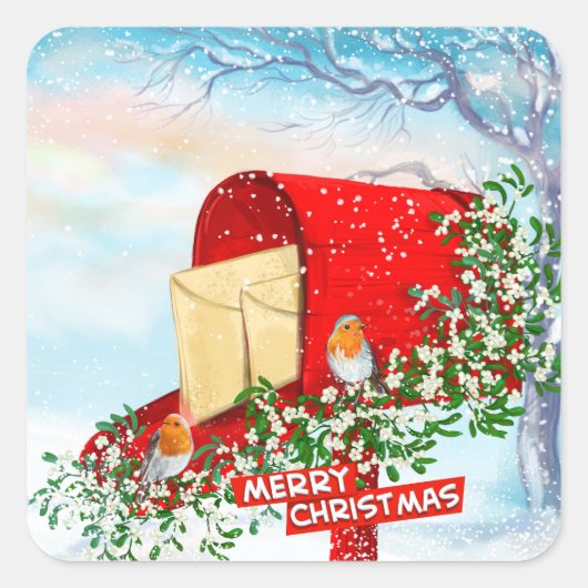 Sneeuw Kerst Vogels Rode Post Box Vierkante Sticke Sticker (Voorkant)