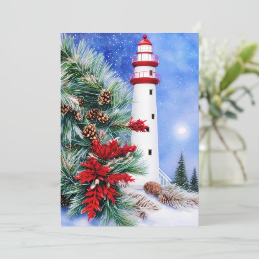 Sneeuw Kerst vuurtoren budget mini Feestdagenkaart (Staand voorkant)