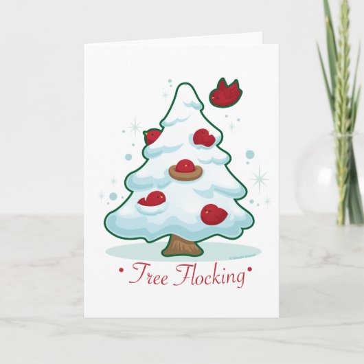 Sneeuw Kerstboom met Vogels Feestdagen Kaart (Voorkant)