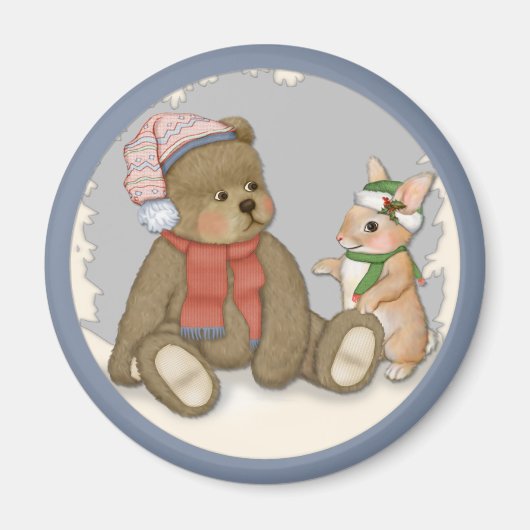 Sneeuw Kerstmis Teddy en Bunny Magneet (Voorkant)