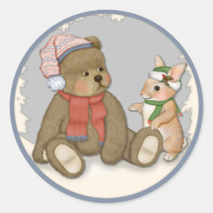 Sneeuw Kerstmis Teddy en Bunny Ronde Sticker