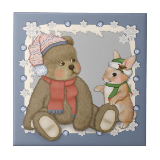 Sneeuw Kerstmis Teddy en Bunny Tegeltje (Voorkant)