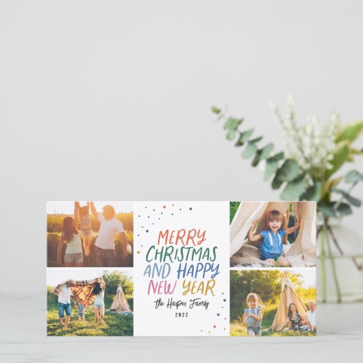 Sneeuw Kleurrijke Prettig Kerstfeest 4 Foto Collag Feestdagenkaart (Staand voorkant)