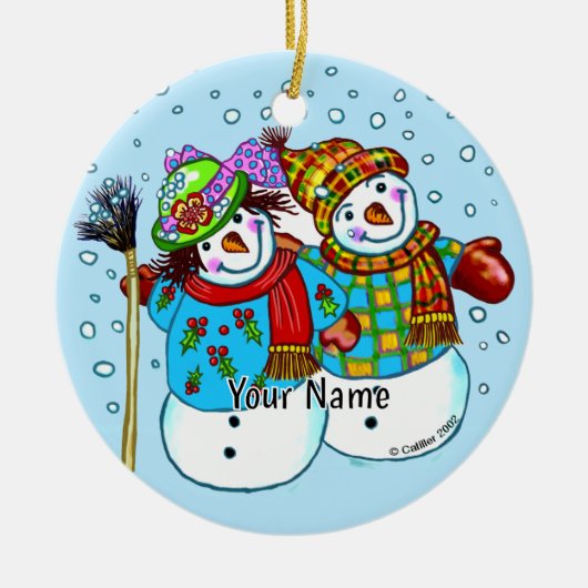Sneeuw Koppel Sneeuwman Keramisch Ornament (Voorkant)