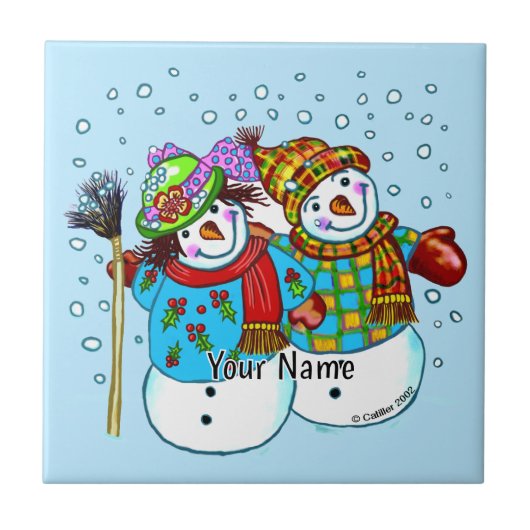 Sneeuw Koppel Sneeuwman Tegeltje (Voorkant)