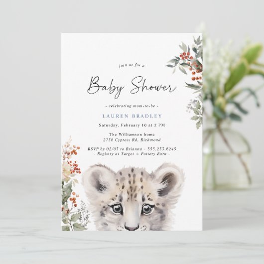 Sneeuw Leopard Cub | Schattige Arctisch Winter Bab Kaart (Staand voorkant)