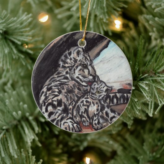SNEEUW LEOPARD MOTHER EN CUB ornamed Keramisch Ornament (Boom)