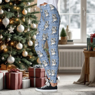 Sneeuw Leopard Sneeuwvlokken Blauwe Bloemen Leggings