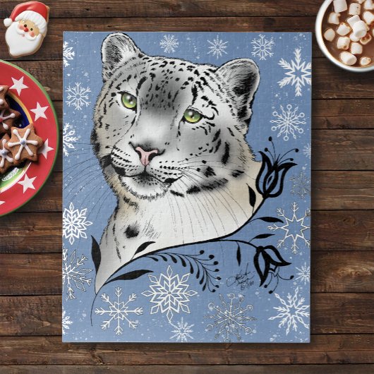 Sneeuw Leopard Sneeuwvlokken Blauwe Bloemen Legpuzzel