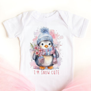 Sneeuw Lieve Waterverf Pinguïn Roze Bloemen Romper