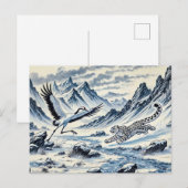 Sneeuw Luipaard Jagen op een Kraan Chinese Ink Sch Briefkaart (Voorkant / Achterkant)