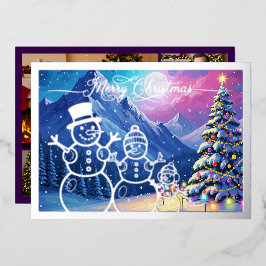 Sneeuw Man Familie, Vrolijk Kerstfeest in Paarse,  Folie Feestdagenkaart