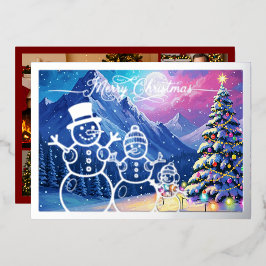 Sneeuw Man Familie, Vrolijk Kerstfeest in Rood, Zi Folie Feestdagenkaart